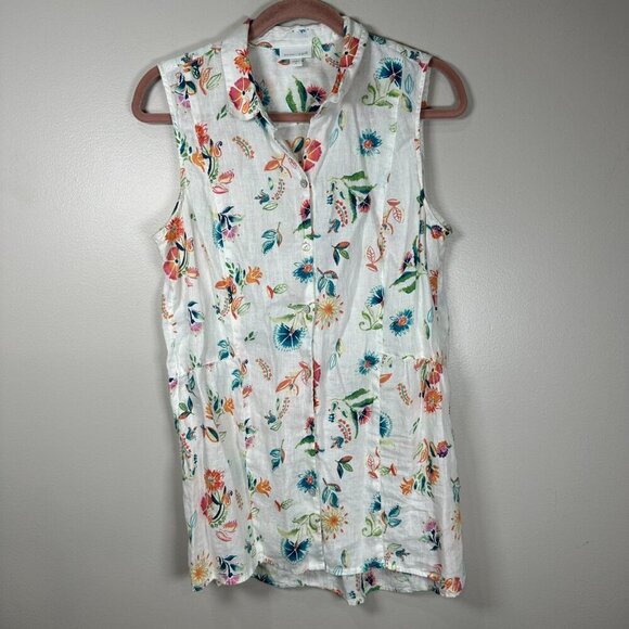 J Jill Love Linen White Floral Button Front Tunic Top Size Medium Sleeveless - Picture 2 of 10
